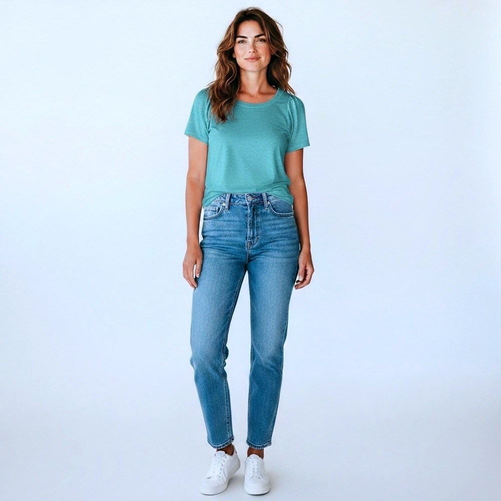 Lake Blue Puff Sleeve Scoop‎ Neck Heathered Top M7F158 Large